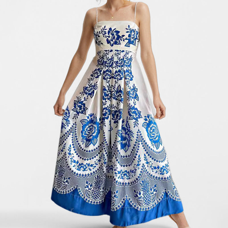 Böhmischer Stil Elegantes Freizeitkleid mit hoher Taille und bedrucktem Hosenträger